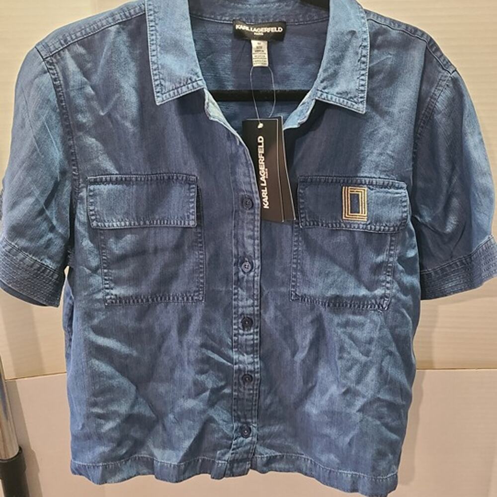 Karl Lagerfeld Paris Chambray Button Up Shirt Women's Medium NWT Denim Blue